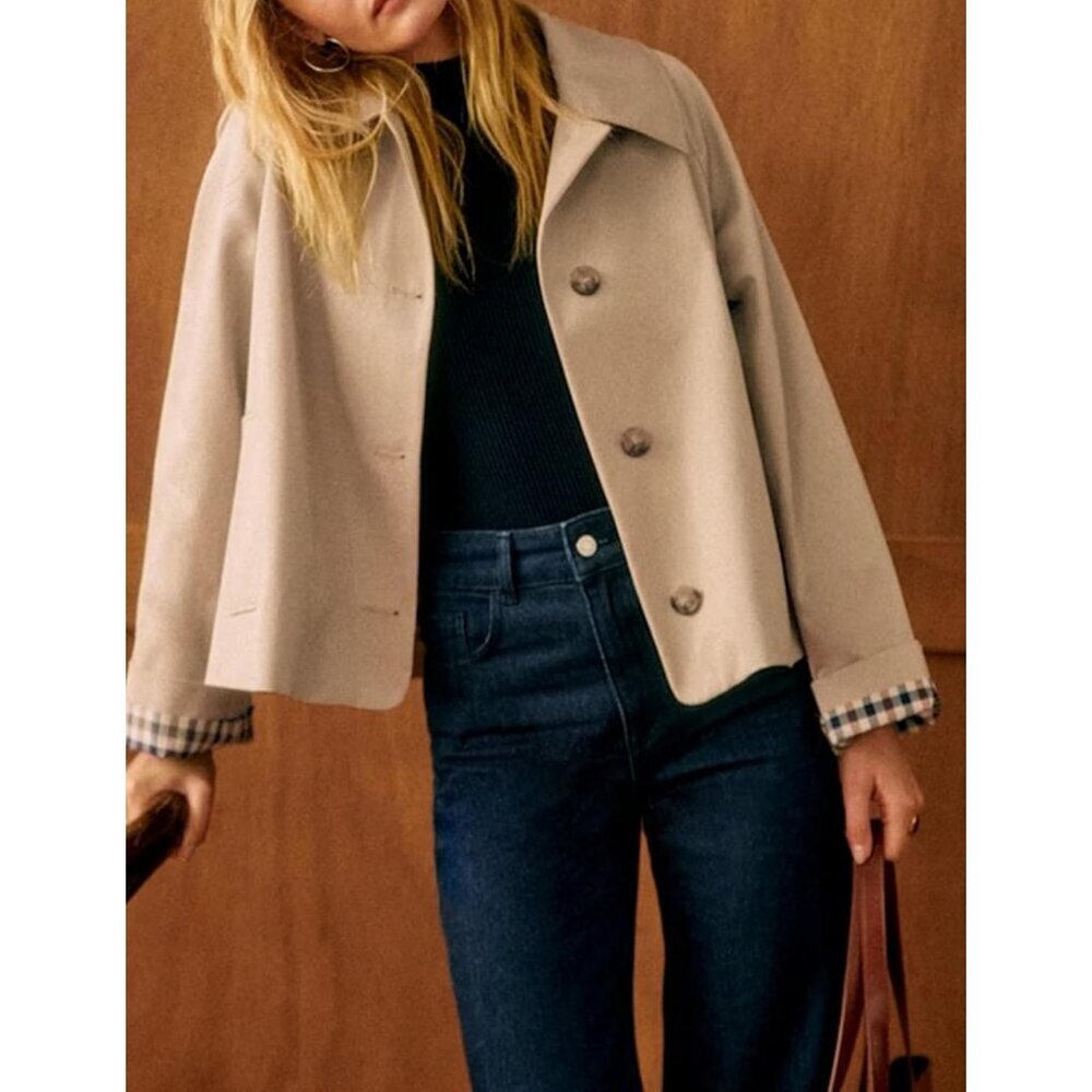 Women Oversize Trench Coat Plaid Lining Casual Crop Jacket Outwear with Pockets - Picture 2 of 5